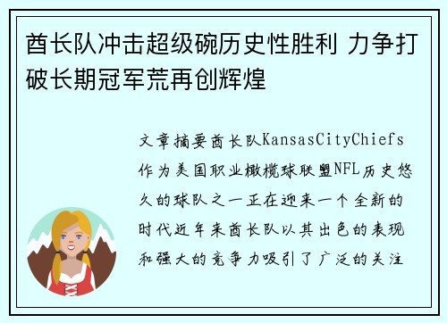 酋长队冲击超级碗历史性胜利 力争打破长期冠军荒再创辉煌